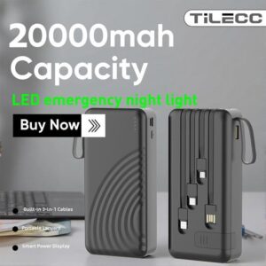 TiLECC 20000mAh Power Bank with Built-in 3-in-1 Cables